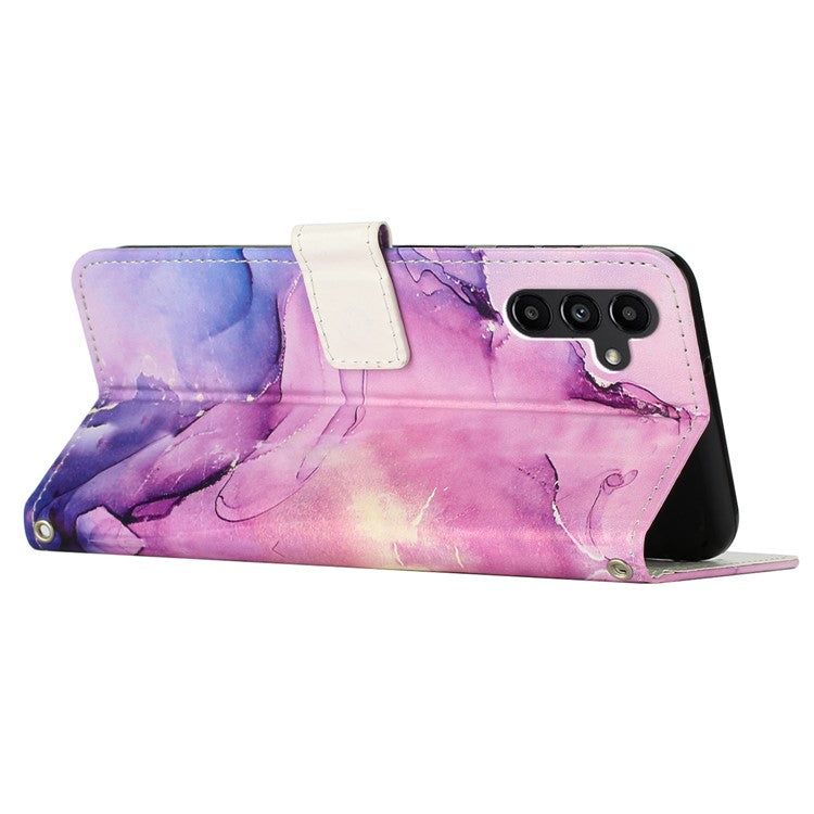 For Samsung Galaxy M14 5G Marble Pattern Flip Phone Case PU Leather Stand Wallet Cover with Strap - Purple