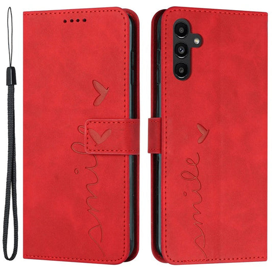 For Samsung Galaxy M14 5G Skin-touch Feeling Leather Phone Case Stand Imprinted Heart Wallet Phone Cover - Red