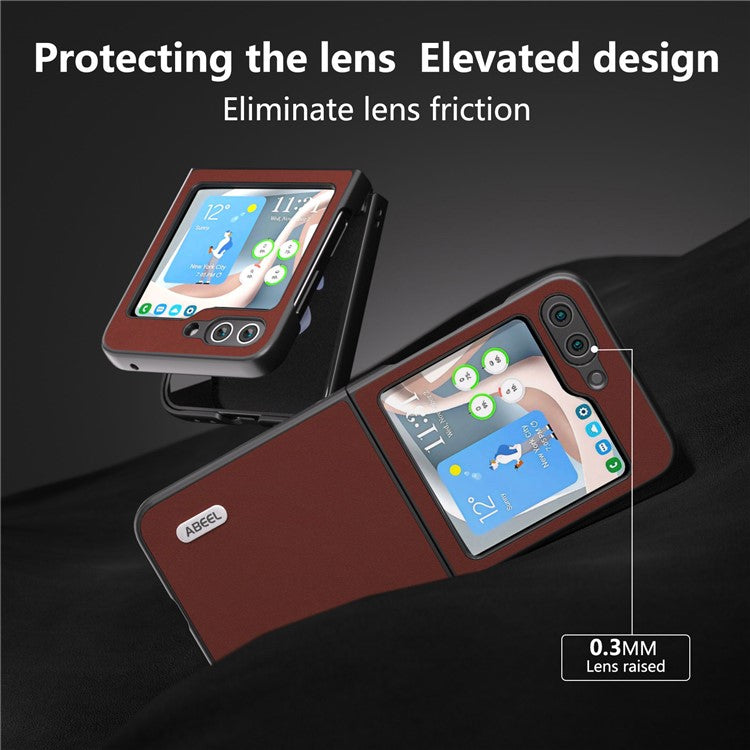 ABEEL For Samsung Galaxy Z Flip5 5G Shockproof Phone Case Cowhide Leather Coated PC Slim Folding Cover - Coffee