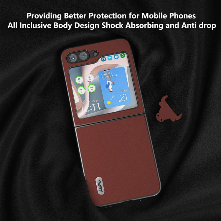 ABEEL For Samsung Galaxy Z Flip5 5G Shockproof Phone Case Cowhide Leather Coated PC Slim Folding Cover - Coffee