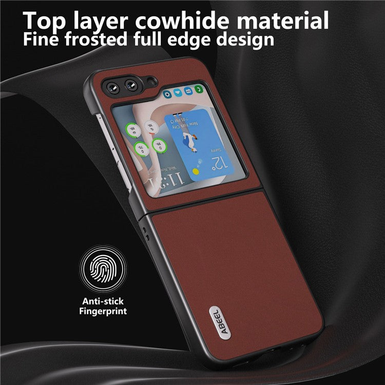 ABEEL For Samsung Galaxy Z Flip5 5G Shockproof Phone Case Cowhide Leather Coated PC Slim Folding Cover - Coffee
