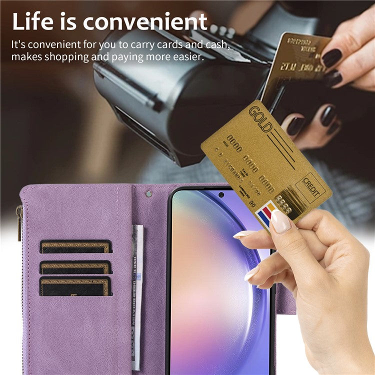 For Samsung Galaxy A54 5G Zipper Pocket 9 Card Slots Leather Phone Case Rhombus Imprint Wallet Stand Cover - Purple