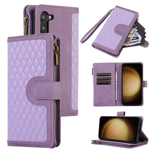 For Samsung Galaxy S23+ Zipper Pocket Leather Wallet Phone Case Rhombus Grid Card Holder Stand Cover - Purple
