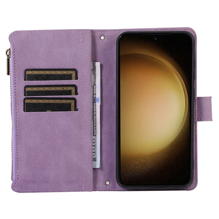 For Samsung Galaxy S23+ Zipper Pocket Leather Wallet Phone Case Rhombus Grid Card Holder Stand Cover - Purple
