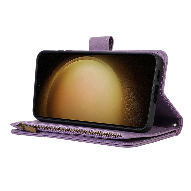 For Samsung Galaxy S23+ Zipper Pocket Leather Wallet Phone Case Rhombus Grid Card Holder Stand Cover - Purple