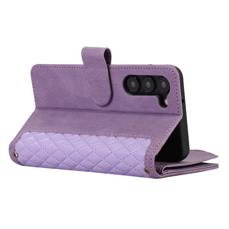 For Samsung Galaxy S23+ Zipper Pocket Leather Wallet Phone Case Rhombus Grid Card Holder Stand Cover - Purple