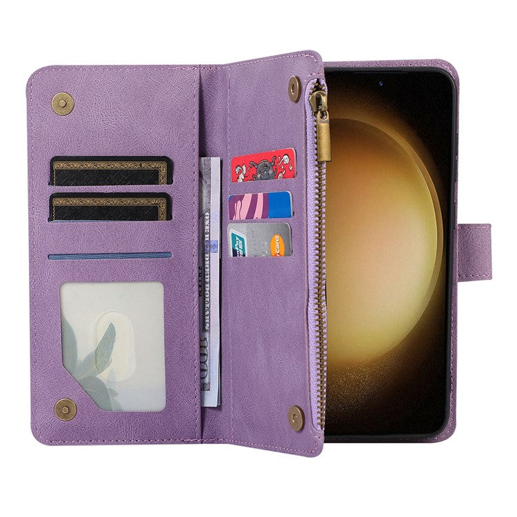 For Samsung Galaxy S23+ Zipper Pocket Leather Wallet Phone Case Rhombus Grid Card Holder Stand Cover - Purple