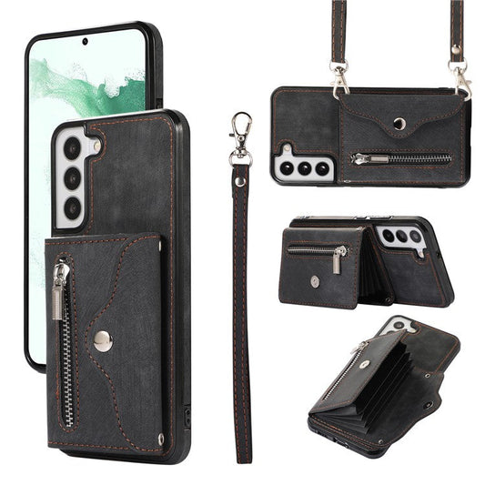 For Samsung Galaxy S21 FE 5G Smartphone Case Kickstand PU Leather+TPU Shell with RFID Blocking Card Bag - Black