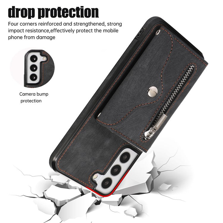 For Samsung Galaxy S21 FE 5G Smartphone Case Kickstand PU Leather+TPU Shell with RFID Blocking Card Bag - Black