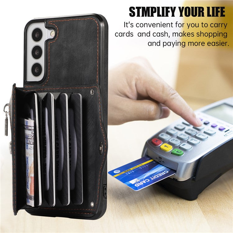 For Samsung Galaxy S21 FE 5G Smartphone Case Kickstand PU Leather+TPU Shell with RFID Blocking Card Bag - Black