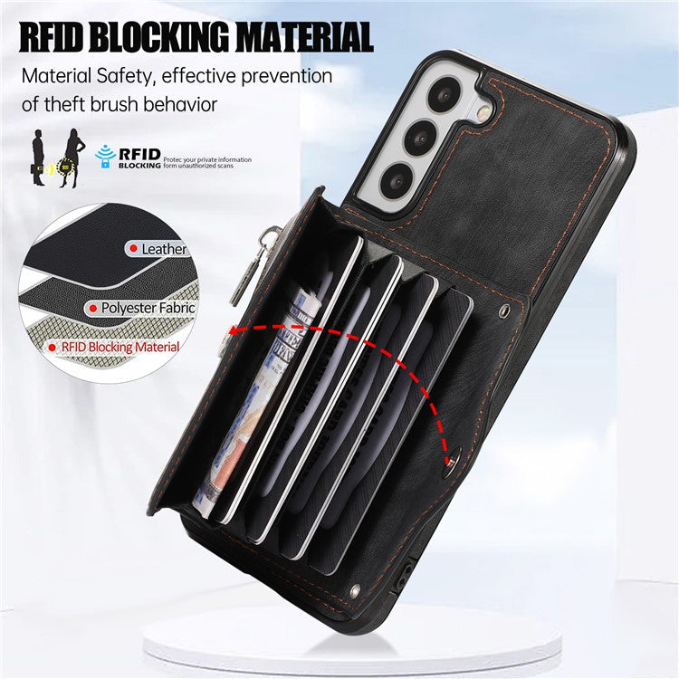 For Samsung Galaxy S21 FE 5G Smartphone Case Kickstand PU Leather+TPU Shell with RFID Blocking Card Bag - Black