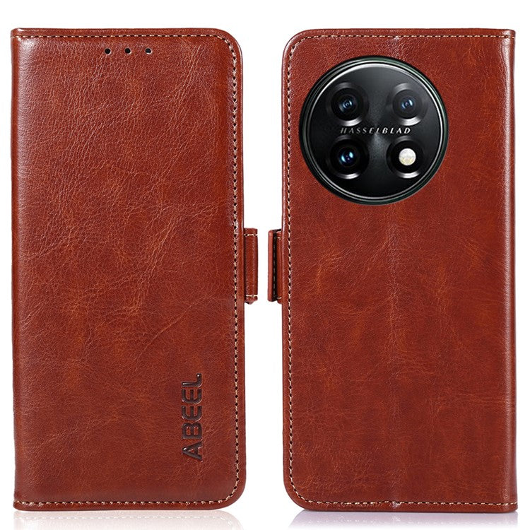 ABEEL For OnePlus 11 5G PU Leather Cell Phone Case Crazy Horse Texture Stand Wallet Flip Cover - Brown