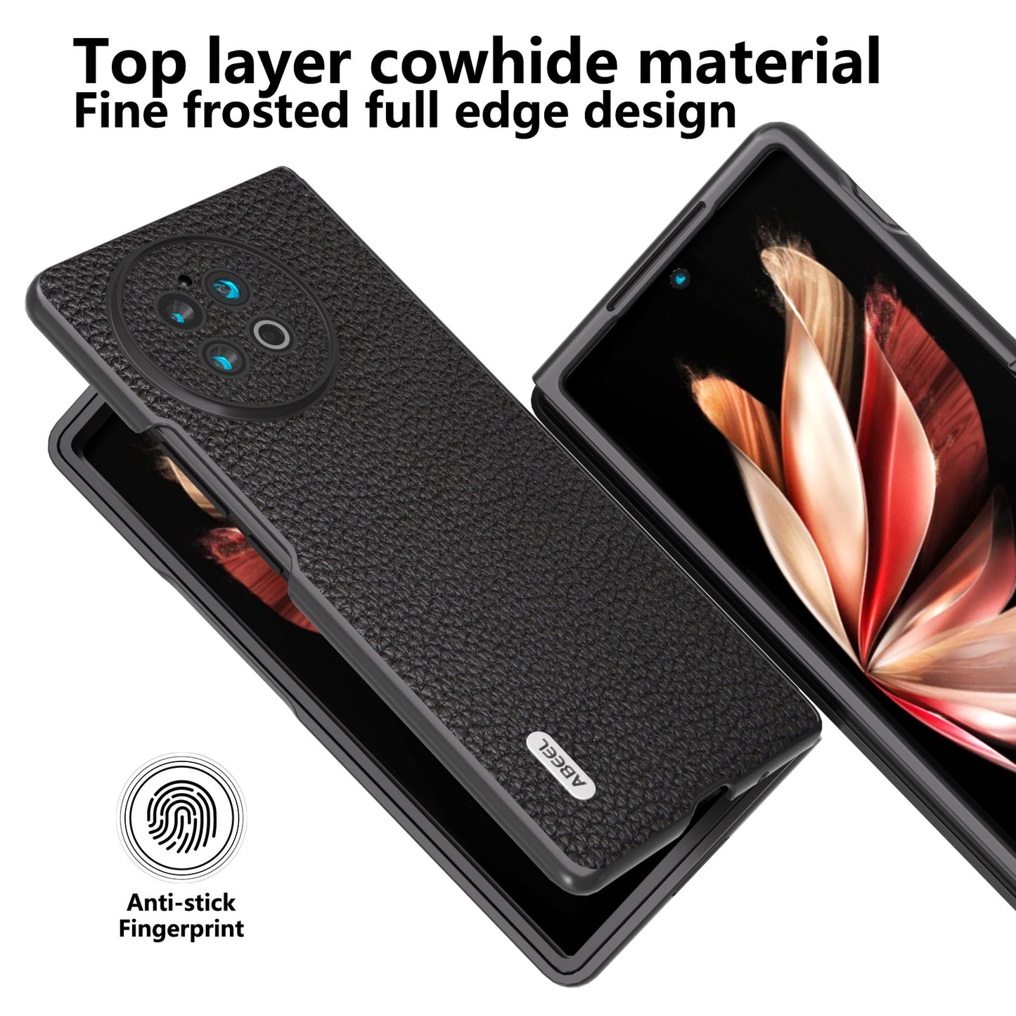 ABEEL For vivo X Fold2 Litchi Texture Phone Case Cowhide Leather + PC Ultra Thin Cover - Black