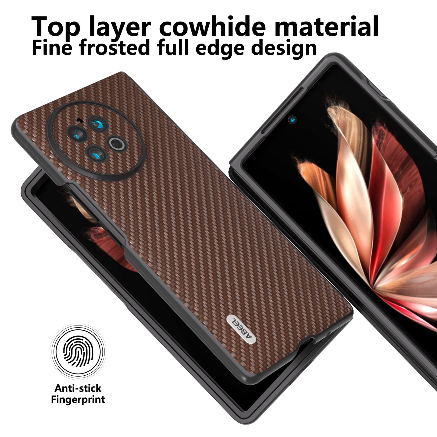 ABEEL For vivo X Fold2 Carbon Fiber Texture Phone Case PU Leather Coated PC Folding Phone Cover - Brown