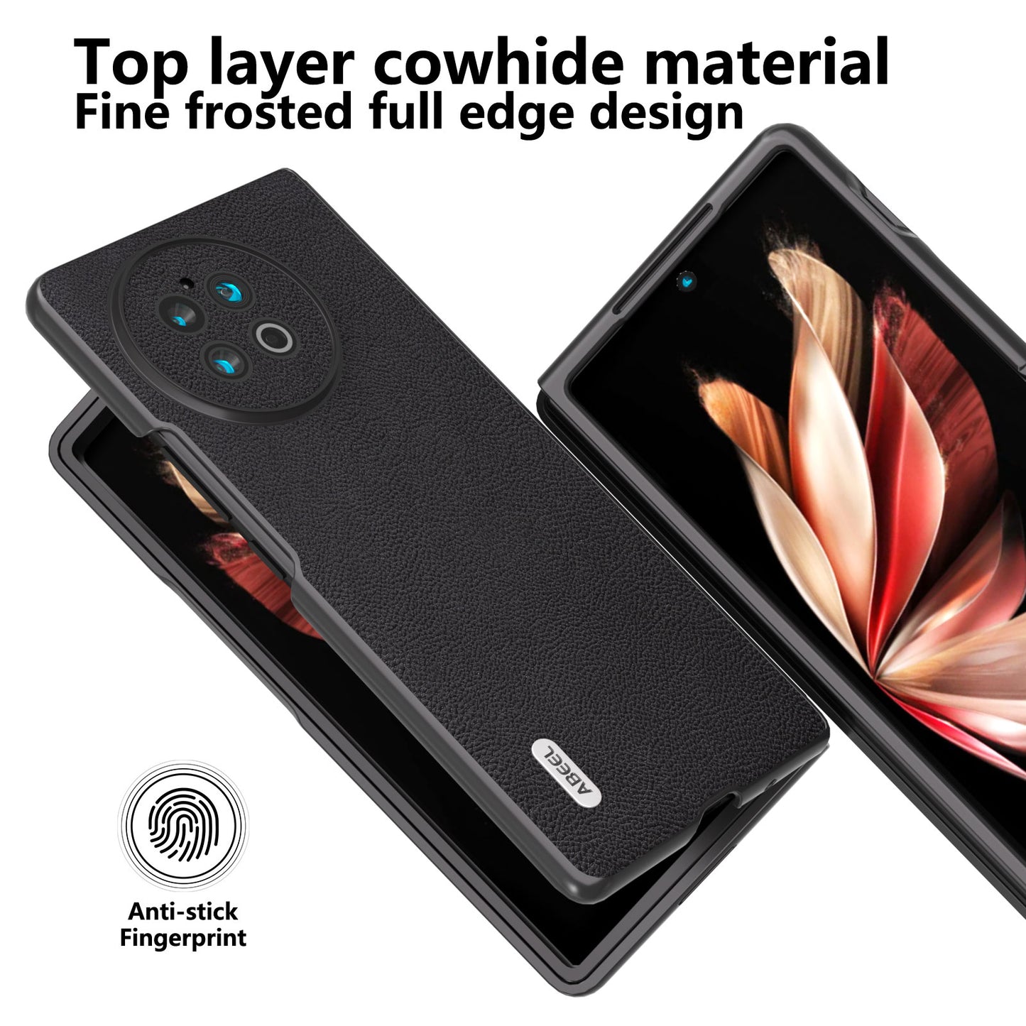 ABEEL For vivo X Fold2 Litchi Texture Folding Phone Case Cowhide Leather Coated PC Cover - Black