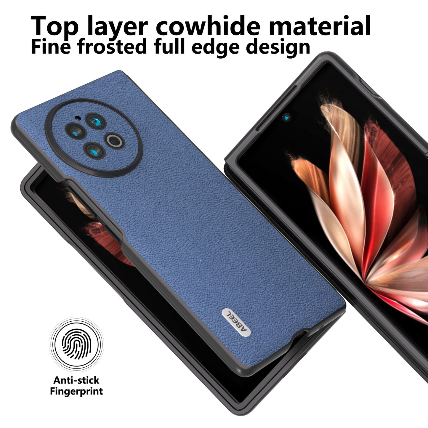 ABEEL For vivo X Fold2 Litchi Texture Folding Phone Case Cowhide Leather Coated PC Cover - Blue