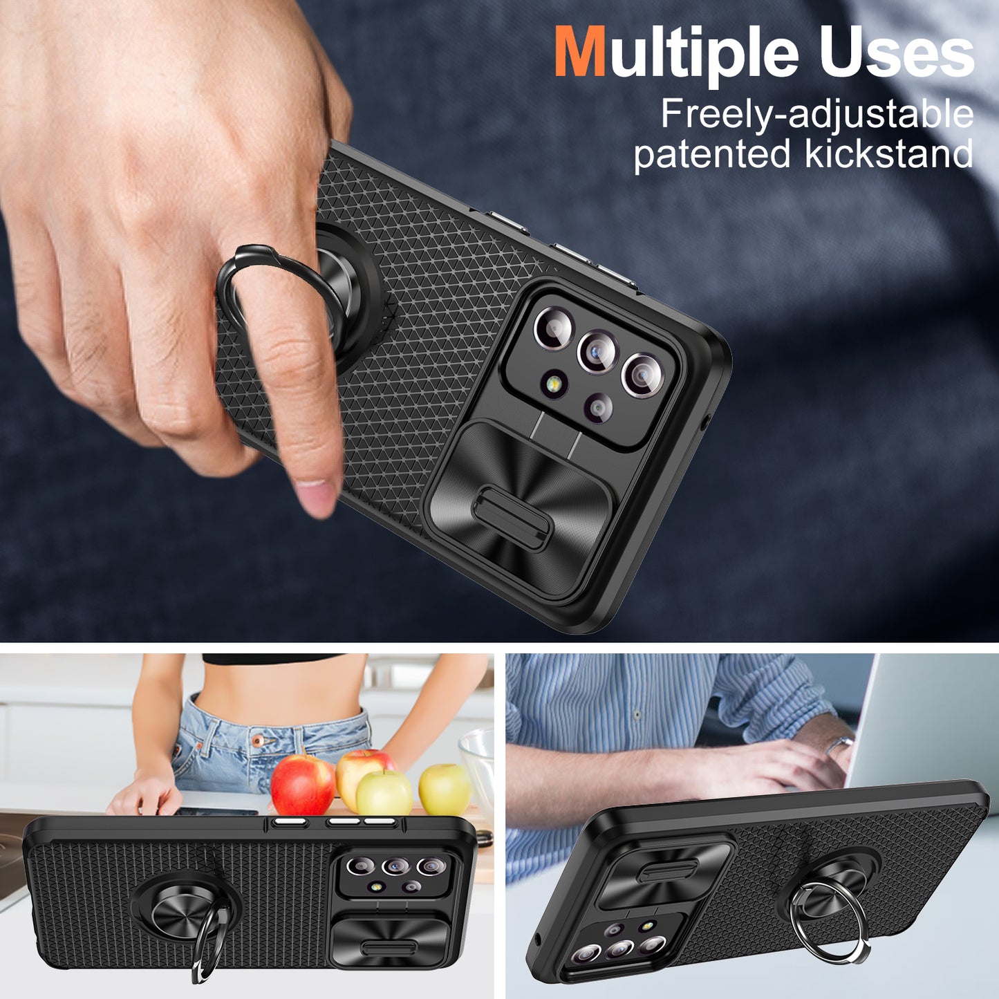 Phone Case for Samsung Galaxy S20 FE 4G / FE 5G / S20 Lite / S20 FE 2022 , Slide Lens Protection PC+TPU Kickstand Cover - Black+Black