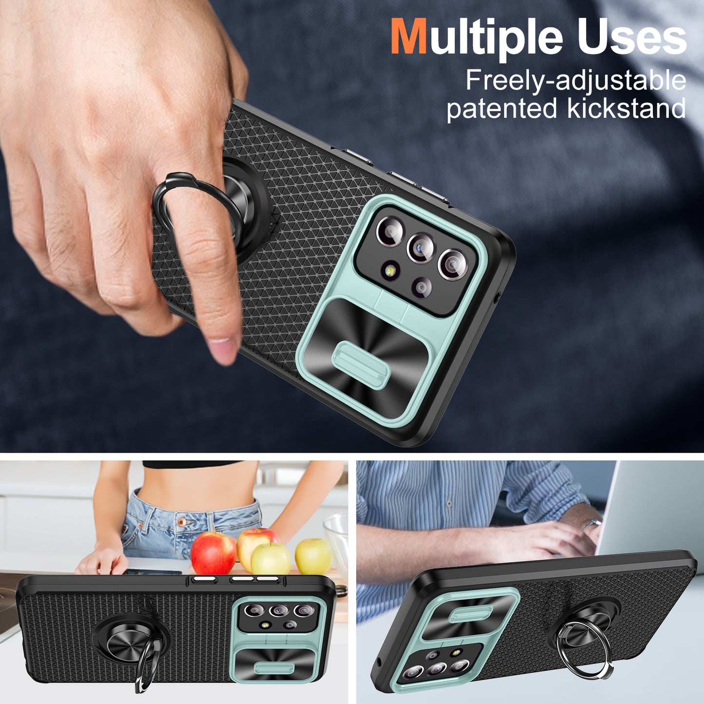 Phone Case for Samsung Galaxy S20 FE 4G / FE 5G / S20 Lite / S20 FE 2022 , Slide Lens Protection PC+TPU Kickstand Cover - Grey Green+Black
