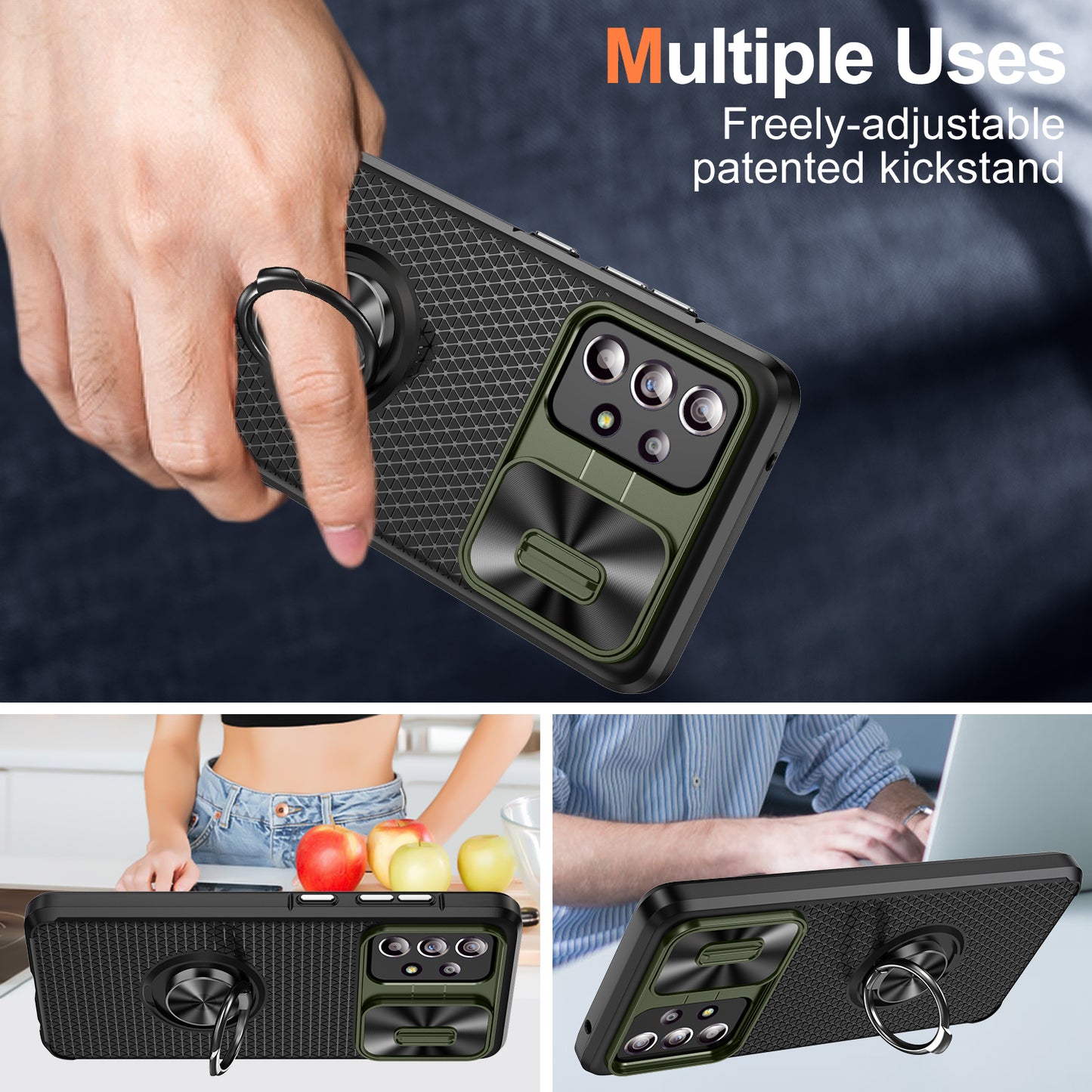 Phone Case for Samsung Galaxy S20 FE 4G / FE 5G / S20 Lite / S20 FE 2022 , Slide Lens Protection PC+TPU Kickstand Cover - Army Green+Black