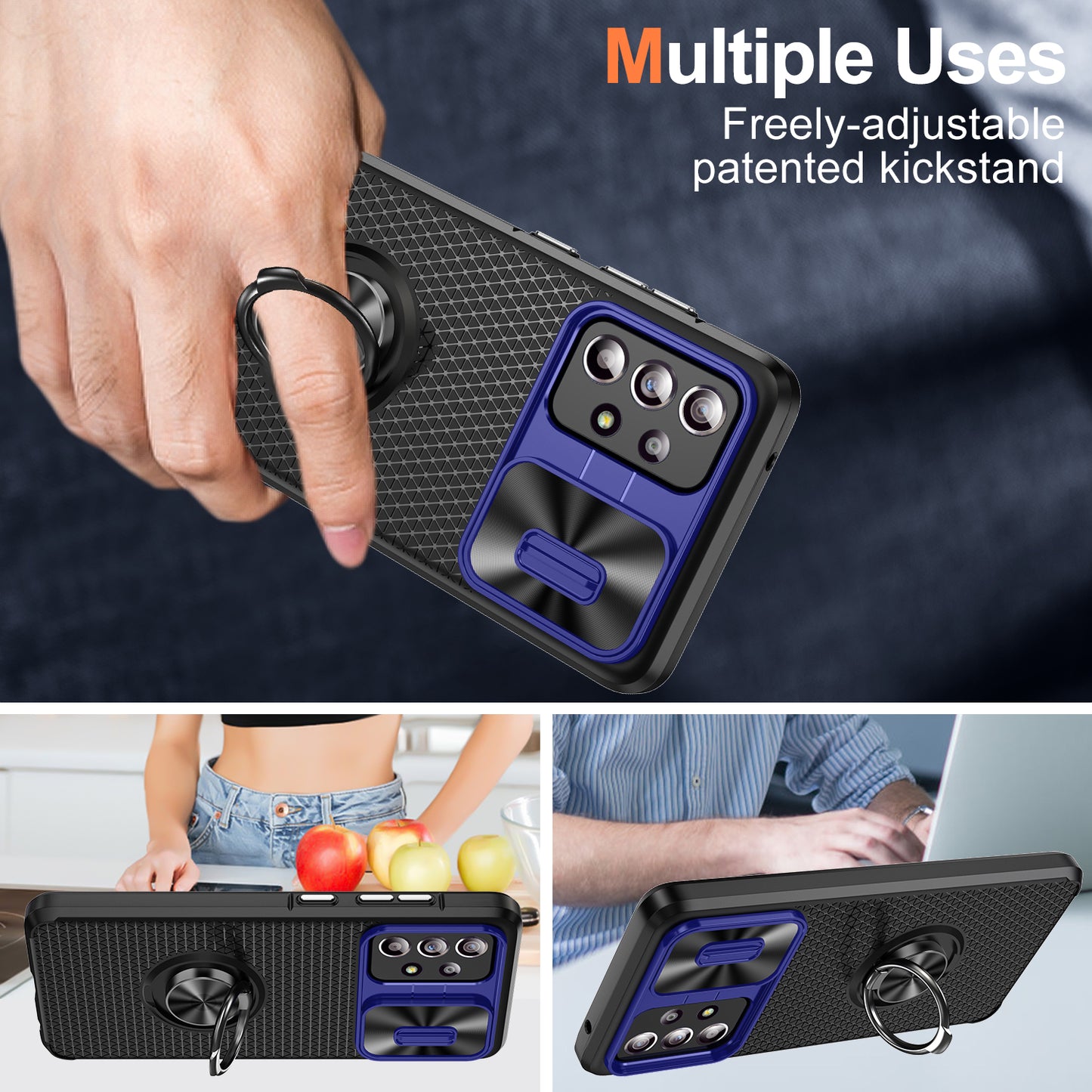 Phone Case for Samsung Galaxy S20 FE 4G / FE 5G / S20 Lite / S20 FE 2022 , Slide Lens Protection PC+TPU Kickstand Cover - Sapphire+Black