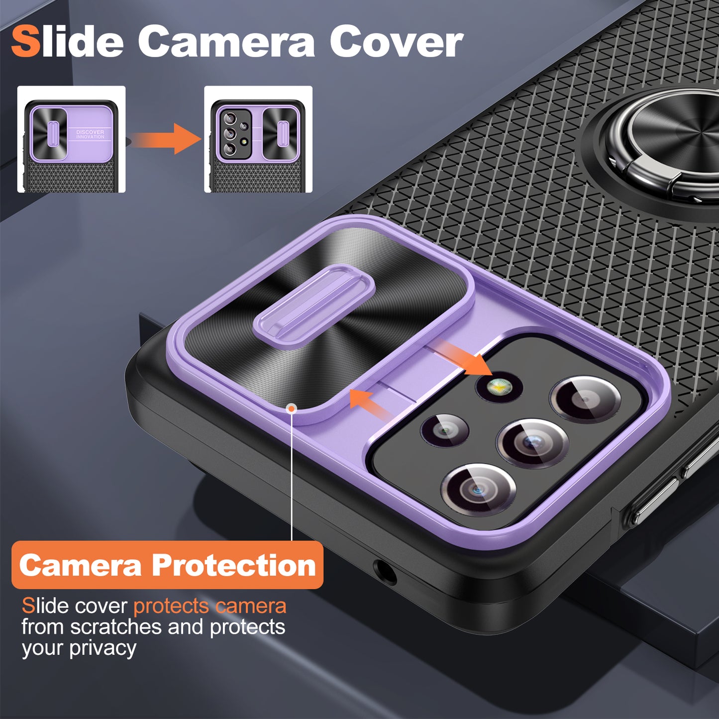 Phone Case for Samsung Galaxy S20 FE 4G / FE 5G / S20 Lite / S20 FE 2022 , Slide Lens Protection PC+TPU Kickstand Cover - Purple+Black