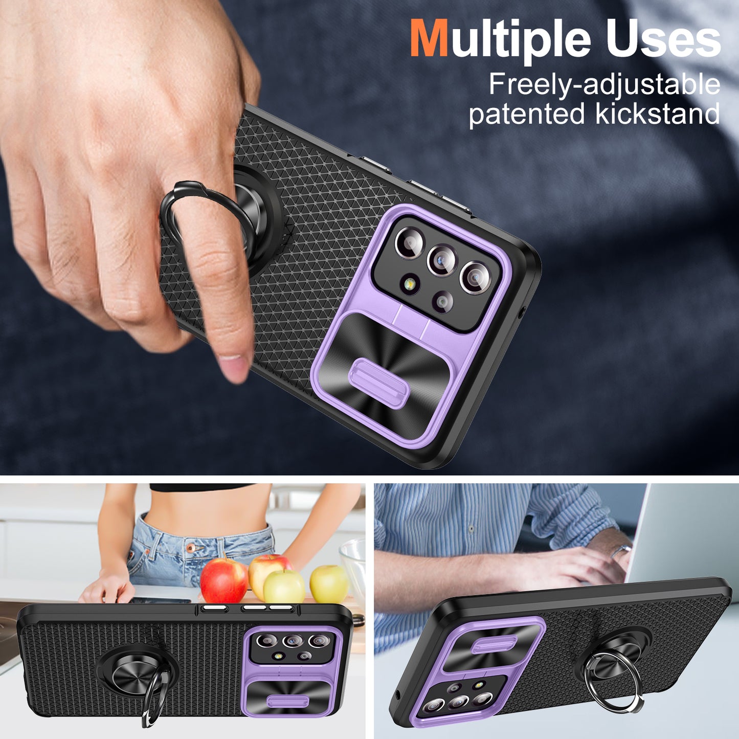 Phone Case for Samsung Galaxy S20 FE 4G / FE 5G / S20 Lite / S20 FE 2022 , Slide Lens Protection PC+TPU Kickstand Cover - Purple+Black