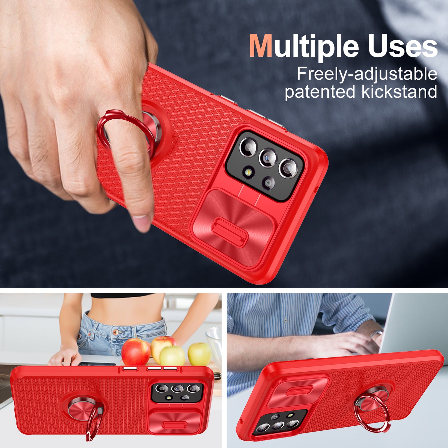 Phone Case for Samsung Galaxy S20 FE 4G / FE 5G / S20 Lite / S20 FE 2022 , Slide Lens Protection PC+TPU Kickstand Cover - Red+Red