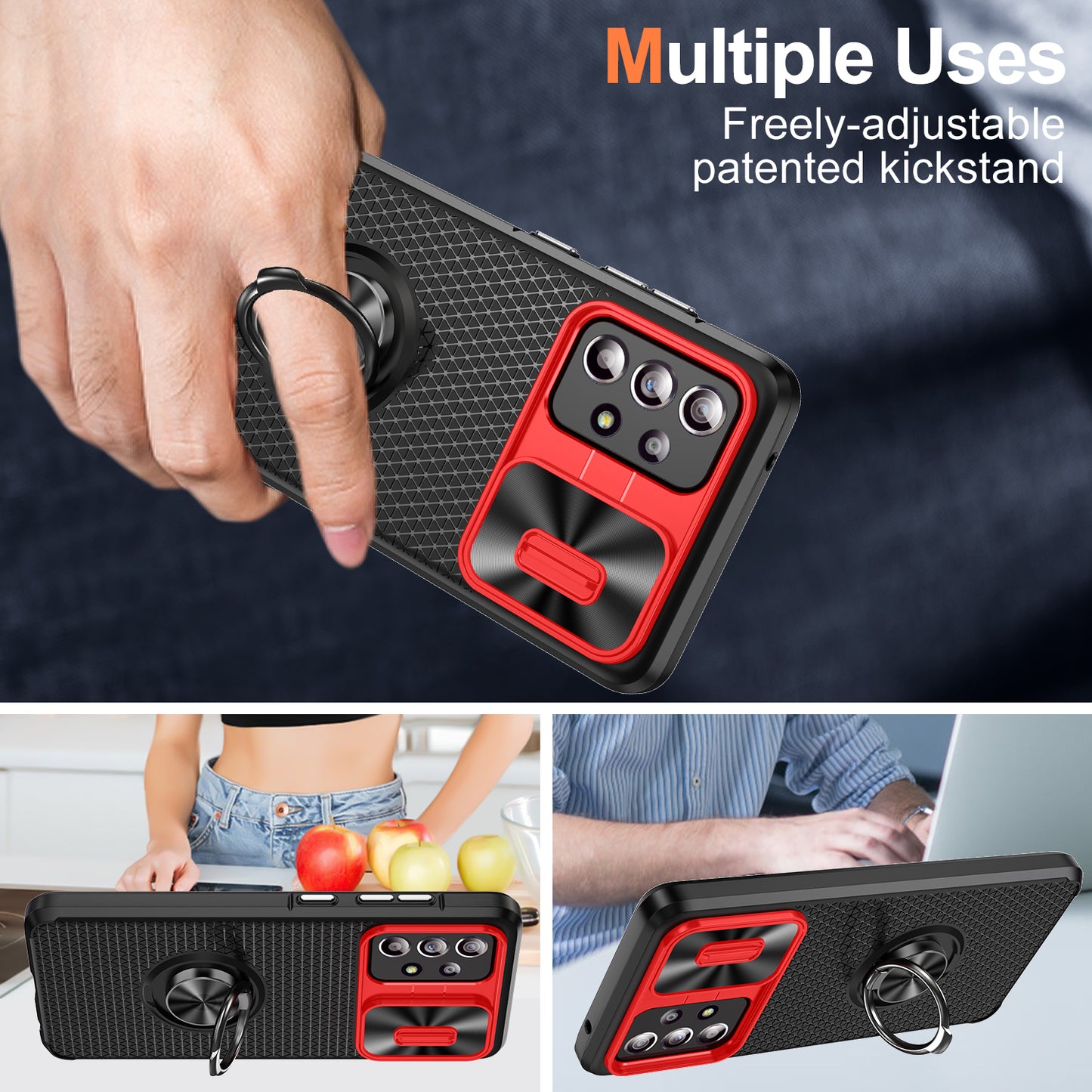 Phone Case for Samsung Galaxy S20 FE 4G / FE 5G / S20 Lite / S20 FE 2022 , Slide Lens Protection PC+TPU Kickstand Cover - Red+Black