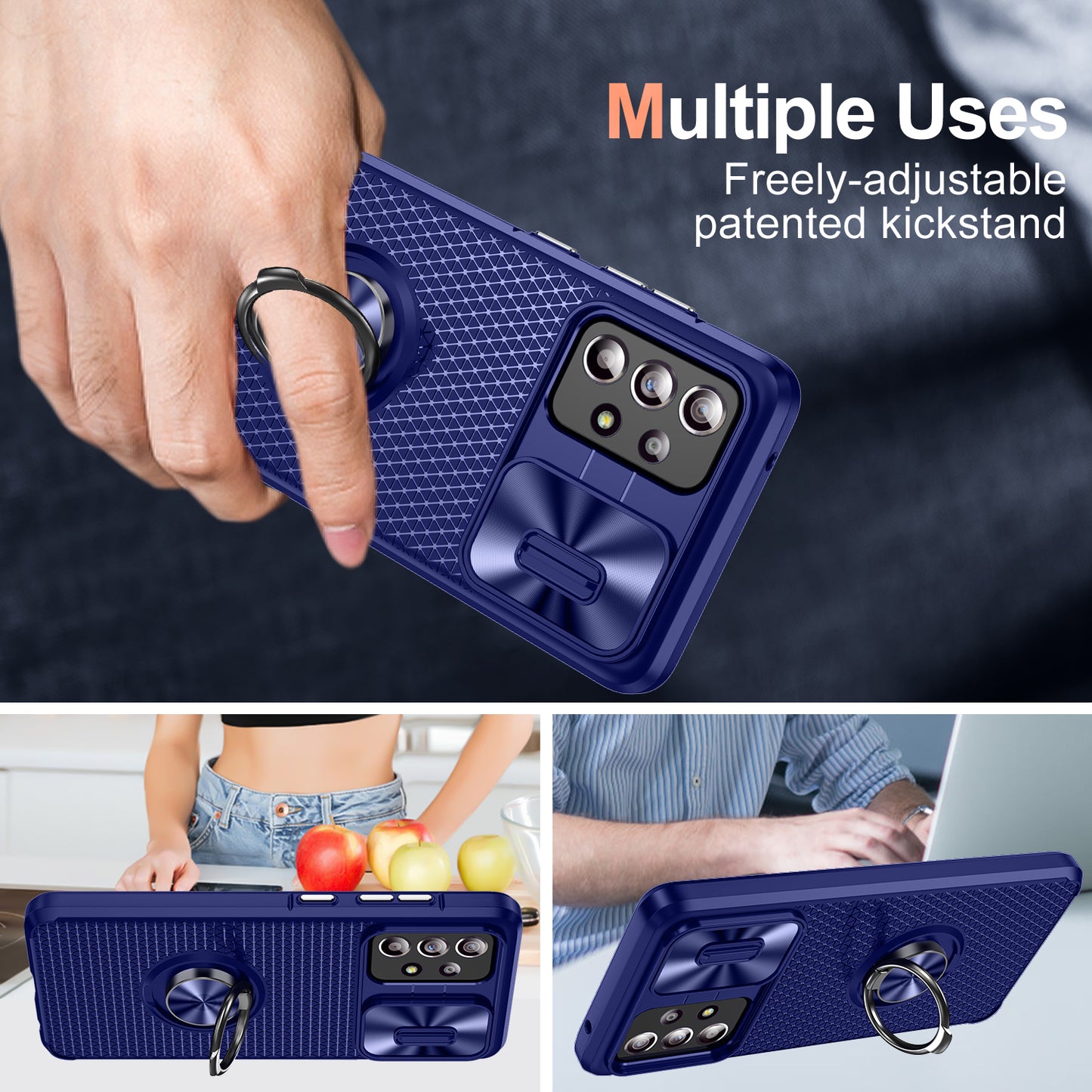 Phone Case for Samsung Galaxy S20 FE 4G / FE 5G / S20 Lite / S20 FE 2022 , Slide Lens Protection PC+TPU Kickstand Cover - Sapphire+Blue