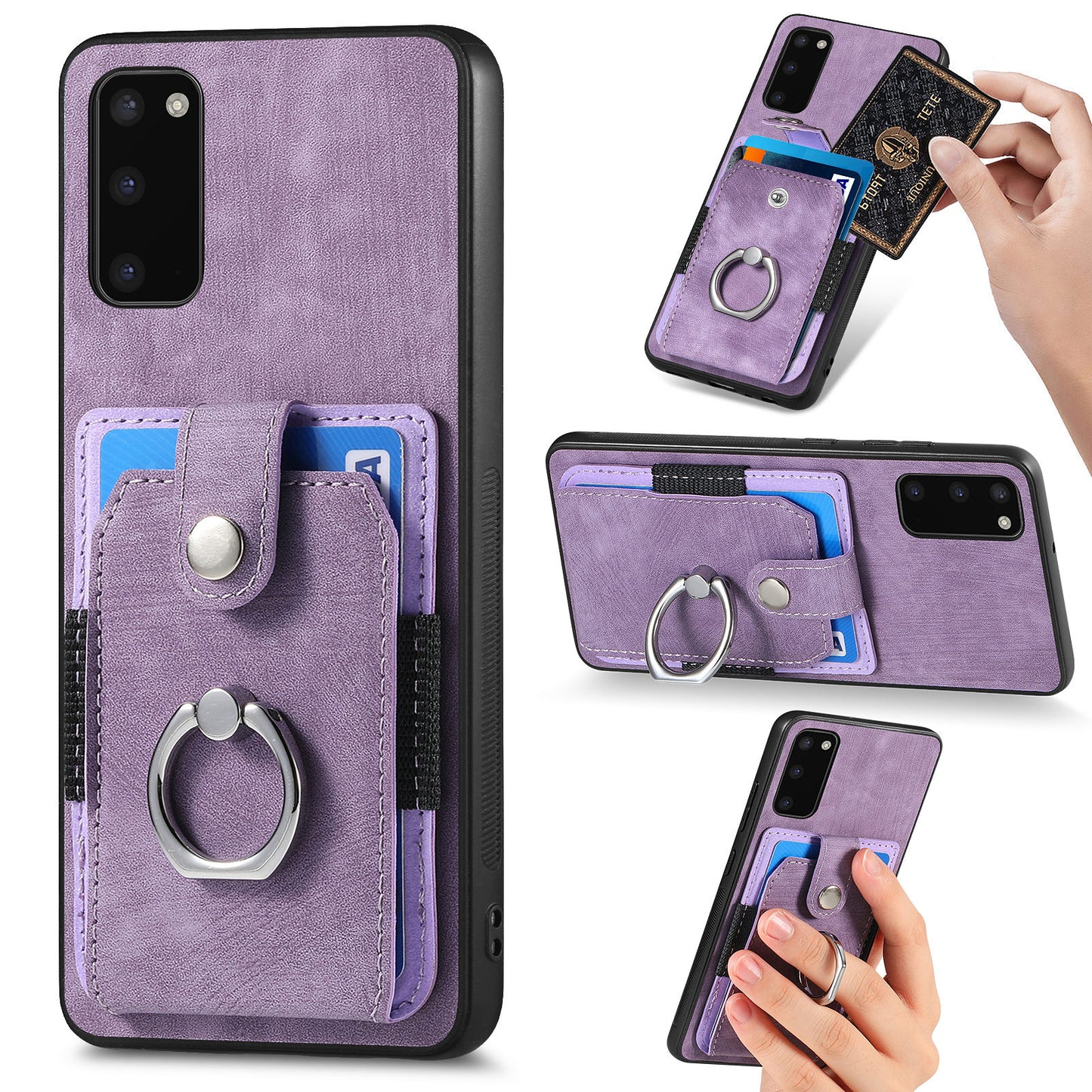 For Samsung Galaxy S20 4G / 5G Ring Holder Phone Case Anti-Shock Kickstand PU Leather+PC+TPU Card Slot Cover - Light Purple