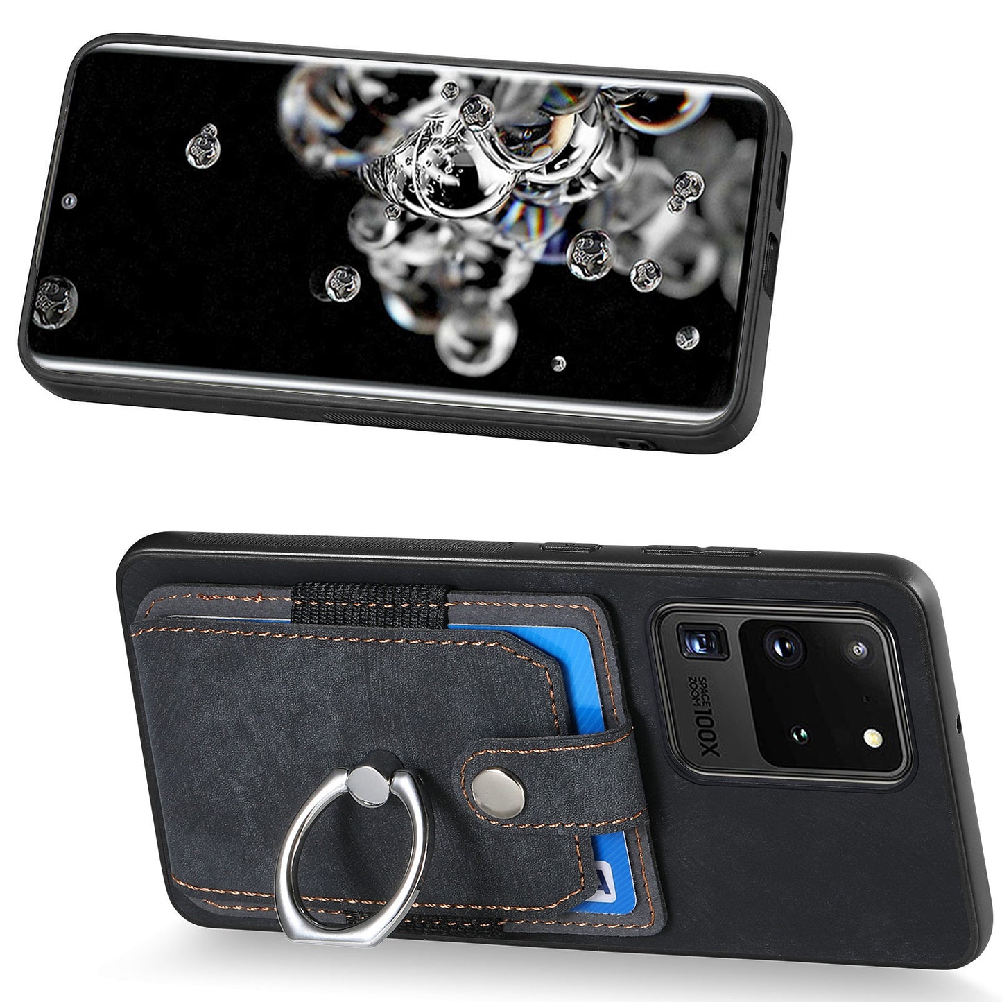 Phone Case for Samsung Galaxy S20 Ultra Card Holder Kickstand Slim Case PU Leather TPU PC Cover - Black