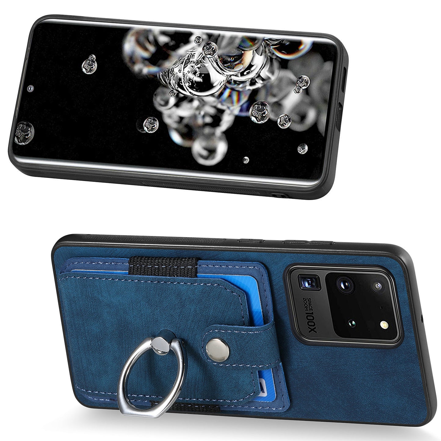 Phone Case for Samsung Galaxy S20 Ultra Card Holder Kickstand Slim Case PU Leather TPU PC Cover - Dark Blue