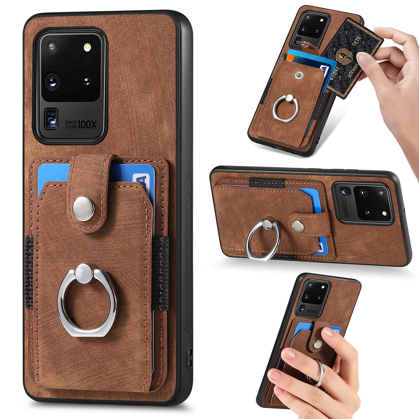 Phone Case for Samsung Galaxy S20 Ultra Card Holder Kickstand Slim Case PU Leather TPU PC Cover - Brown