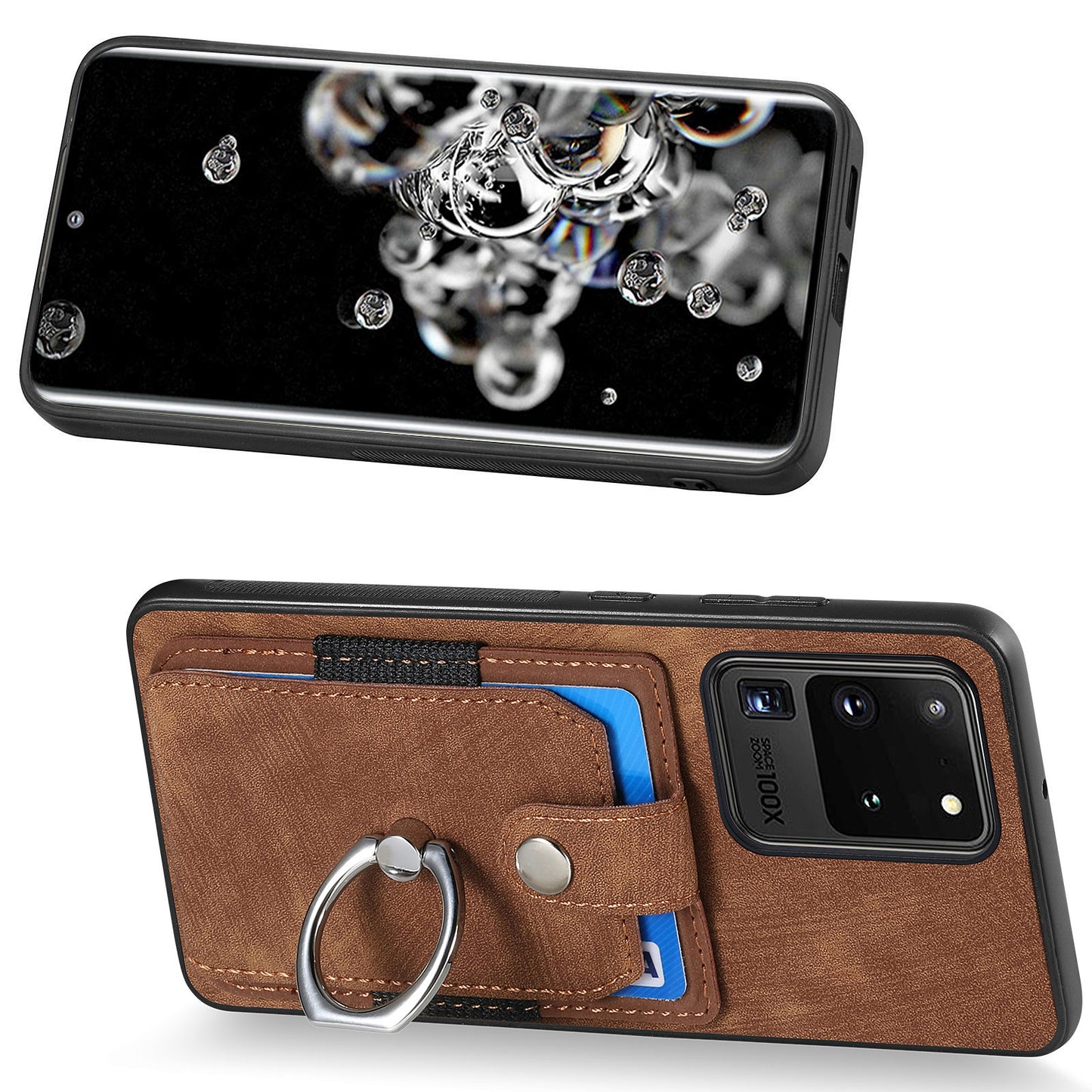 Phone Case for Samsung Galaxy S20 Ultra Card Holder Kickstand Slim Case PU Leather TPU PC Cover - Brown