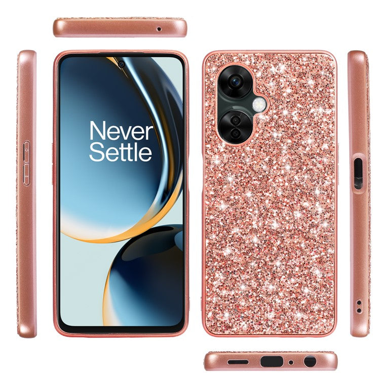 For OnePlus Nord CE3 5G Shiny Glitter Sequins Protective Cover Electroplating TPU Frame Hard PC Phone Case - Rose Gold