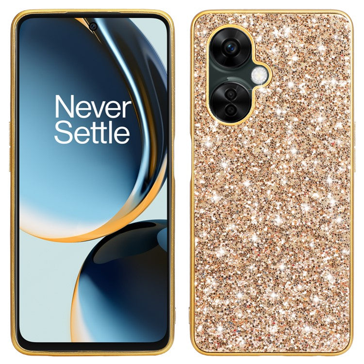 For OnePlus Nord CE3 5G Shiny Glitter Sequins Protective Cover Electroplating TPU Frame Hard PC Phone Case - Gold