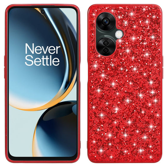 For OnePlus Nord CE3 5G Shiny Glitter Sequins Protective Cover Electroplating TPU Frame Hard PC Phone Case - Red