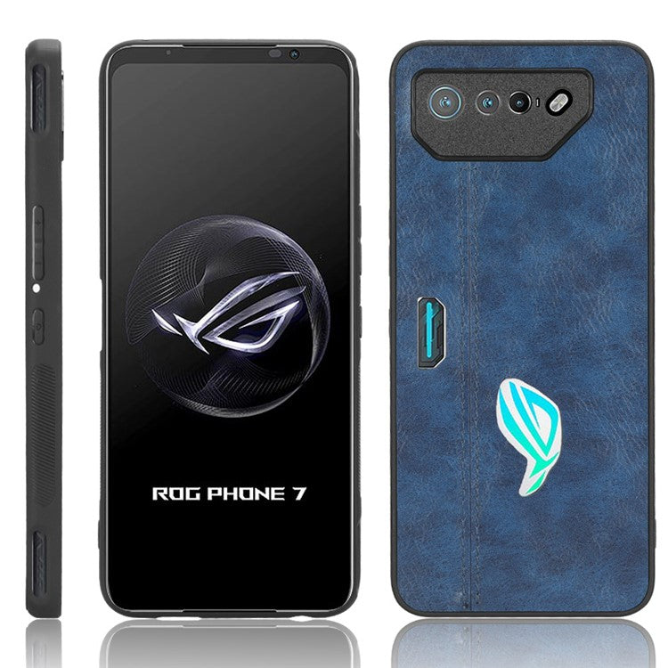 For Asus ROG Phone 7 5G Leather Coated TPU+PC Phone Case Cowhide Texture Anti-Scratch Cover - Blue