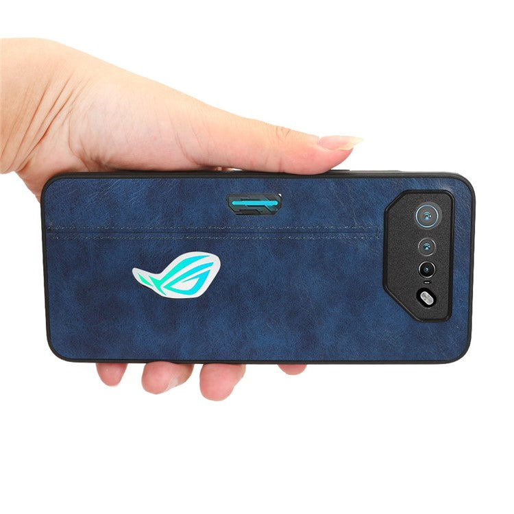 For Asus ROG Phone 7 5G Leather Coated TPU+PC Phone Case Cowhide Texture Anti-Scratch Cover - Blue
