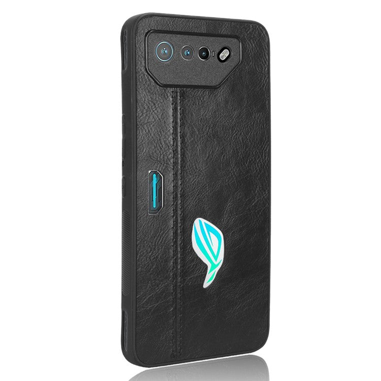 For Asus ROG Phone 7 5G Leather Coated TPU+PC Phone Case Cowhide Texture Anti-Scratch Cover - Black