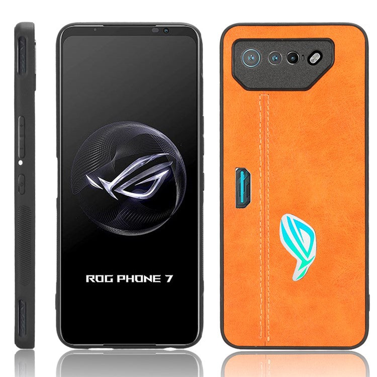 For Asus ROG Phone 7 5G Leather Coated TPU+PC Phone Case Cowhide Texture Anti-Scratch Cover - Orange