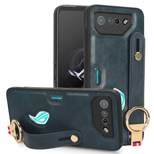 For Asus ROG Phone 7 5G Wristband Kickstand Phone Case PU Leather Coated PC+TPU Cover with Bottle Opener - Blue