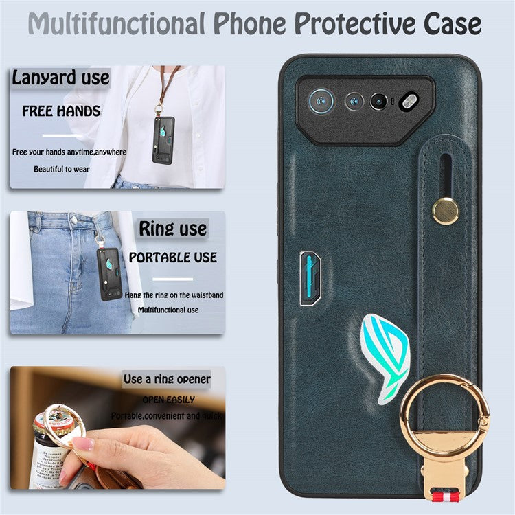 For Asus ROG Phone 7 5G Wristband Kickstand Phone Case PU Leather Coated PC+TPU Cover with Bottle Opener - Blue