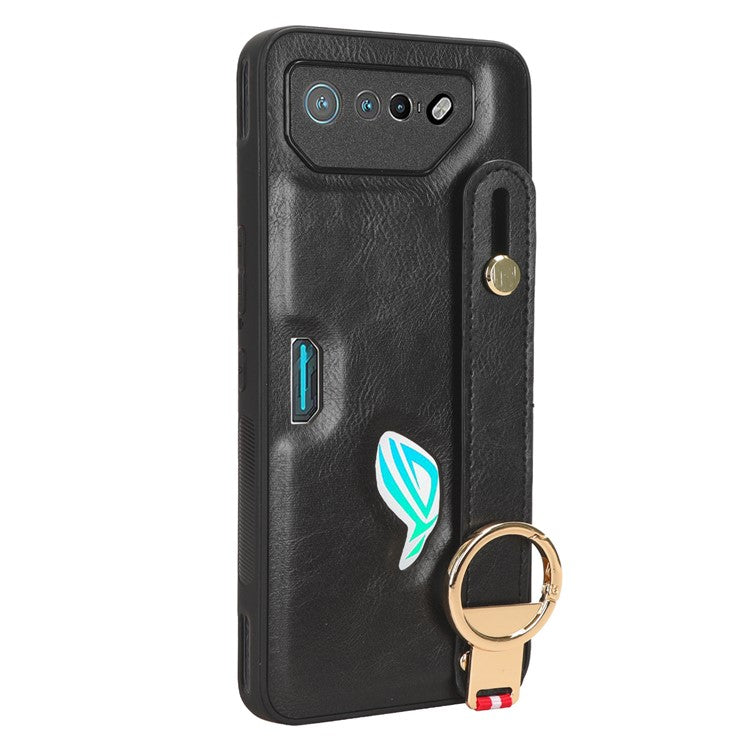 For Asus ROG Phone 7 5G Wristband Kickstand Phone Case PU Leather Coated PC+TPU Cover with Bottle Opener - Black