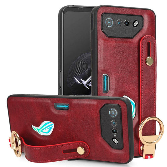 For Asus ROG Phone 7 5G Wristband Kickstand Phone Case PU Leather Coated PC+TPU Cover with Bottle Opener - Red