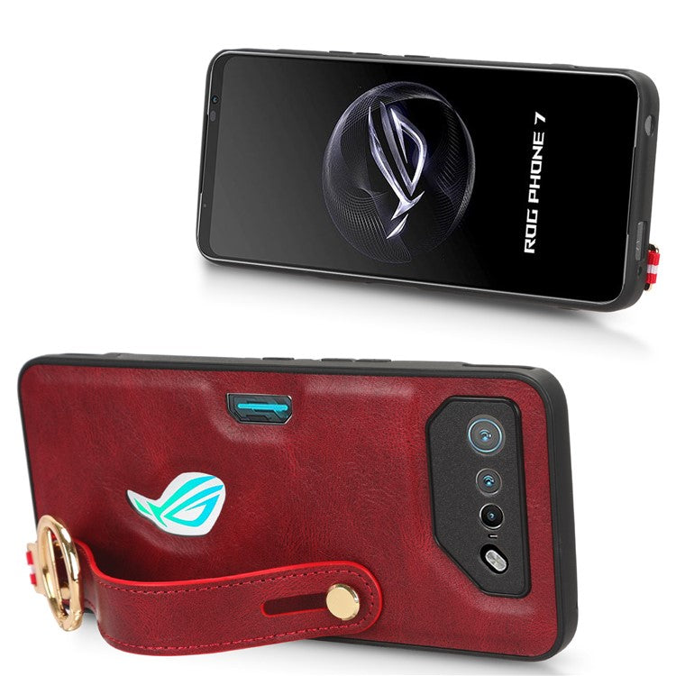 For Asus ROG Phone 7 5G Wristband Kickstand Phone Case PU Leather Coated PC+TPU Cover with Bottle Opener - Red