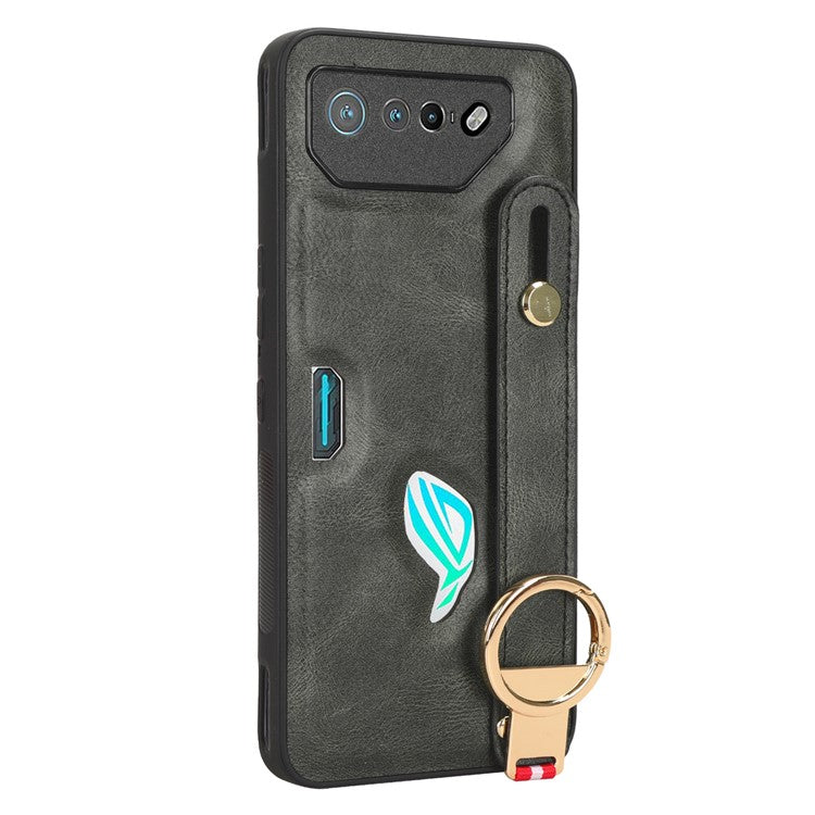 For Asus ROG Phone 7 5G Wristband Kickstand Phone Case PU Leather Coated PC+TPU Cover with Bottle Opener - Green