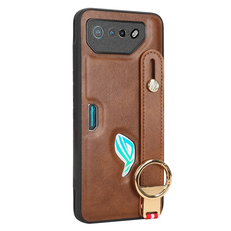 For Asus ROG Phone 7 5G Wristband Kickstand Phone Case PU Leather Coated PC+TPU Cover with Bottle Opener - Brown