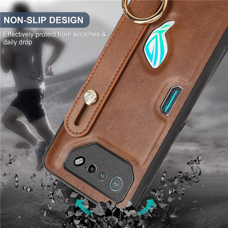 For Asus ROG Phone 7 5G Wristband Kickstand Phone Case PU Leather Coated PC+TPU Cover with Bottle Opener - Brown