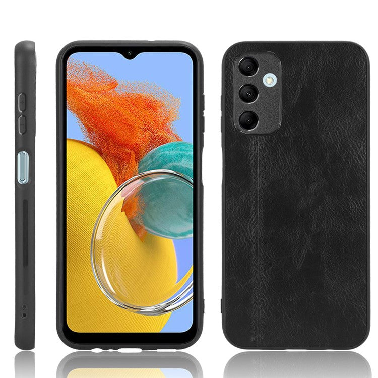 For Samsung Galaxy M14 5G Leather Coated TPU+PC Phone Case Cowhide Texture Anti-scratch Cover - Black